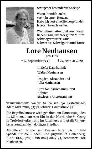 Anzeige von Lore Neuhausen von Kölner Stadt-Anzeiger / Kölnische Rundschau / Express