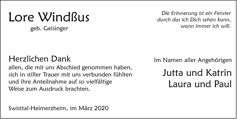  Traueranzeige für Lore Windßus vom 18.03.2020 aus  Schaufenster/Blickpunkt 