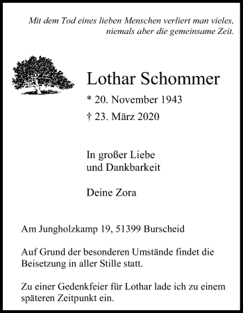 Anzeige von Lothar Schommer von Kölner Stadt-Anzeiger / Kölnische Rundschau / Express