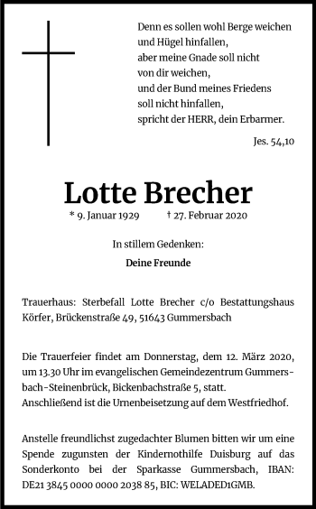 Anzeige von Lotte Brecher von Kölner Stadt-Anzeiger / Kölnische Rundschau / Express