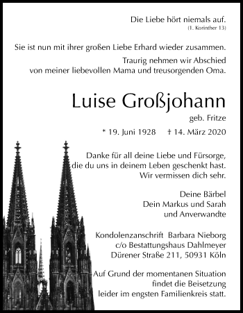 Anzeige von Luise Großjohann von Kölner Stadt-Anzeiger / Kölnische Rundschau / Express