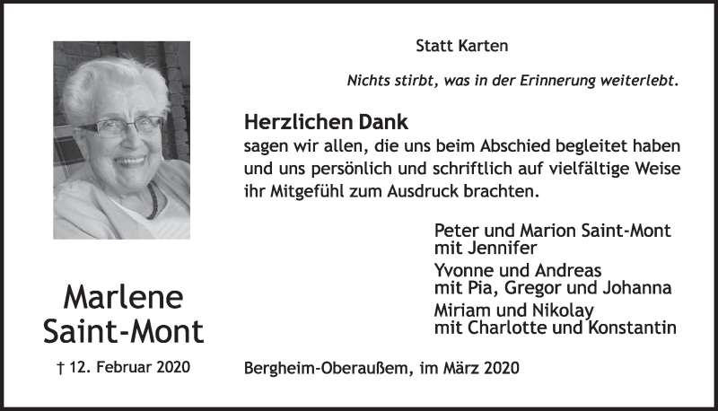  Traueranzeige für MArlene Saint-Mont vom 21.03.2020 aus  Sonntags-Post 