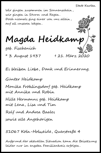 Anzeige von Magda Heidkamp von Kölner Stadt-Anzeiger / Kölnische Rundschau / Express