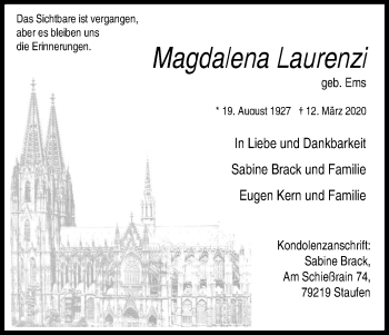 Anzeige von Magdalena Laurenzi von Kölner Stadt-Anzeiger / Kölnische Rundschau / Express