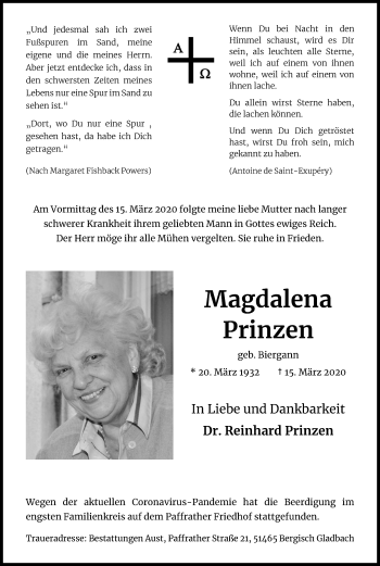 Anzeige von Magdalena Prinzen von Kölner Stadt-Anzeiger / Kölnische Rundschau / Express