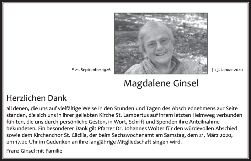  Traueranzeige für Magdalene Ginsel vom 14.03.2020 aus  Sonntags-Post 