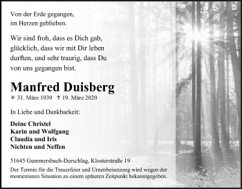 Anzeige von Manfred Duisberg von Kölner Stadt-Anzeiger / Kölnische Rundschau / Express