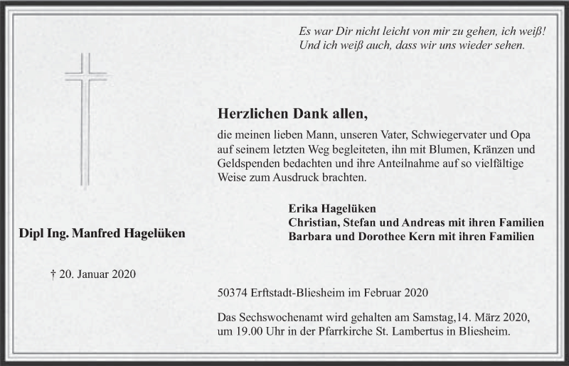  Traueranzeige für Manfred Hagelüken vom 04.03.2020 aus  Werbepost 