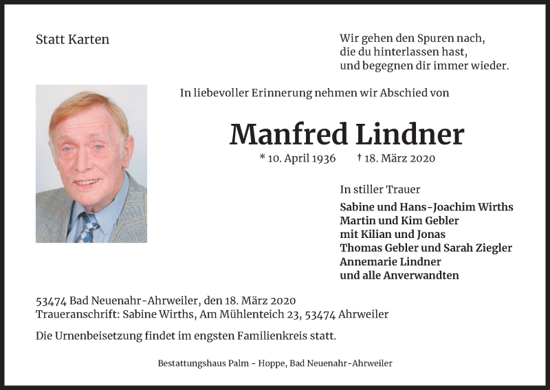  Traueranzeige für Manfred Lindner vom 25.03.2020 aus Kölner Stadt-Anzeiger / Kölnische Rundschau / Express