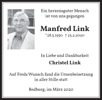 Anzeige von Manfred Link von  Werbepost 