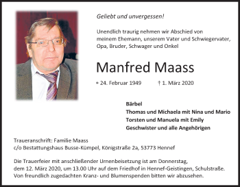 Anzeige von Manfred Maass von Kölner Stadt-Anzeiger / Kölnische Rundschau / Express