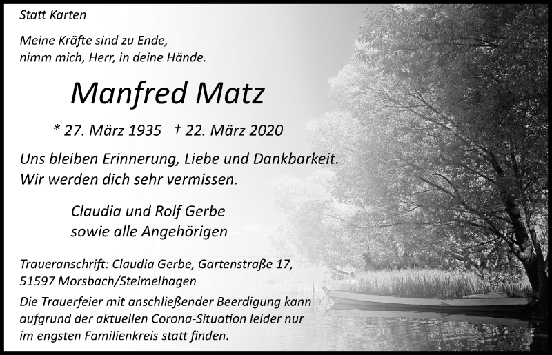  Traueranzeige für Manfred Matz vom 27.03.2020 aus  Lokalanzeiger 
