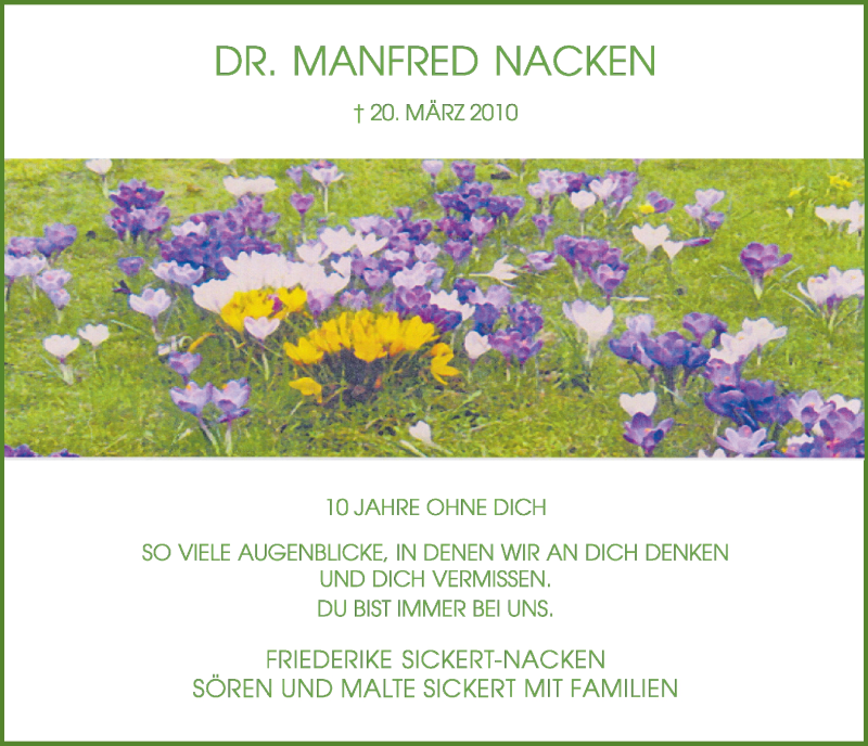  Traueranzeige für Manfred Nacken vom 18.03.2020 aus  Schlossbote/Werbekurier 