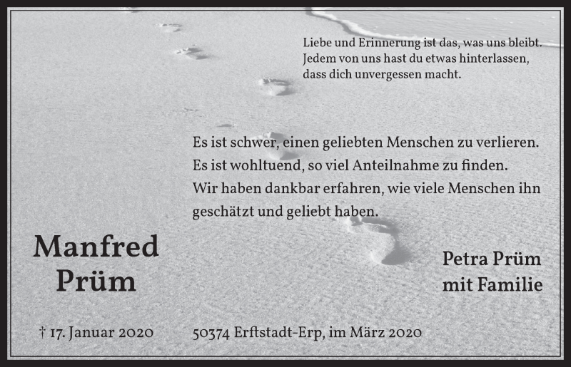  Traueranzeige für Manfred Prüm vom 11.03.2020 aus  Werbepost 