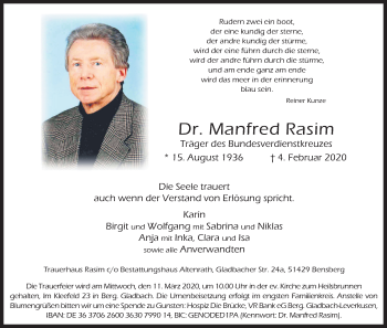 Anzeige von Manfred Rasim von Kölner Stadt-Anzeiger / Kölnische Rundschau / Express