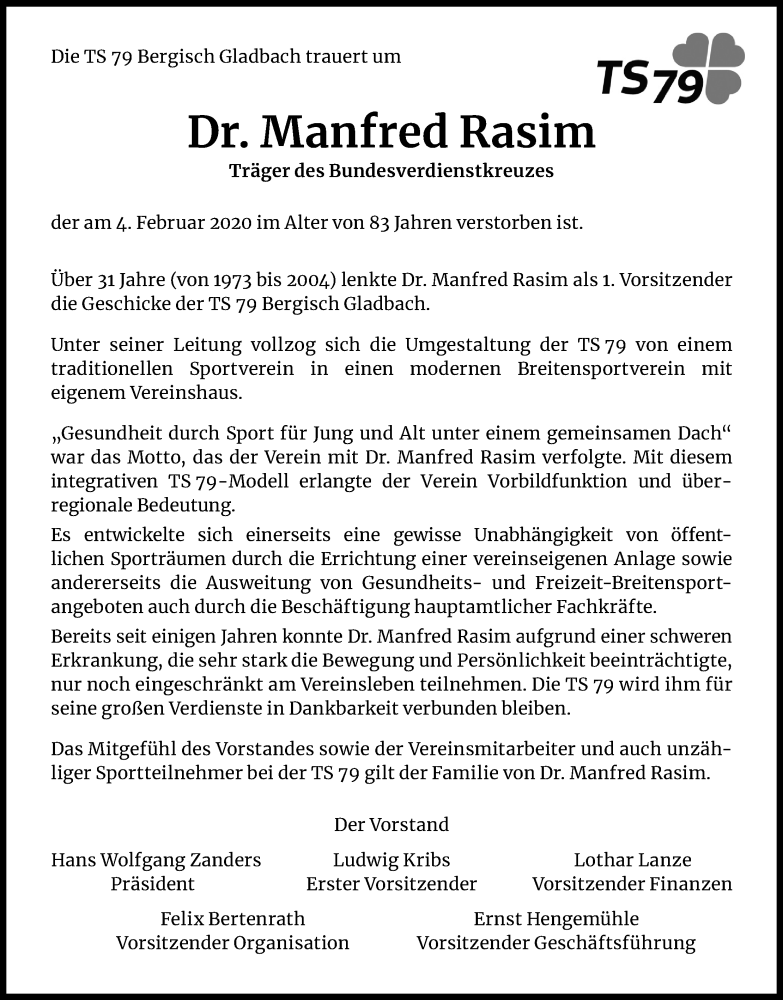  Traueranzeige für Manfred Rasim vom 11.03.2020 aus Kölner Stadt-Anzeiger / Kölnische Rundschau / Express