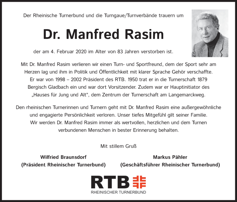  Traueranzeige für Manfred Rasim vom 11.03.2020 aus Kölner Stadt-Anzeiger / Kölnische Rundschau / Express