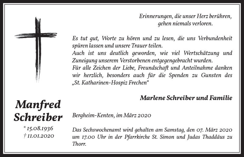  Traueranzeige für Manfred Schreiber vom 04.03.2020 aus  Werbepost 