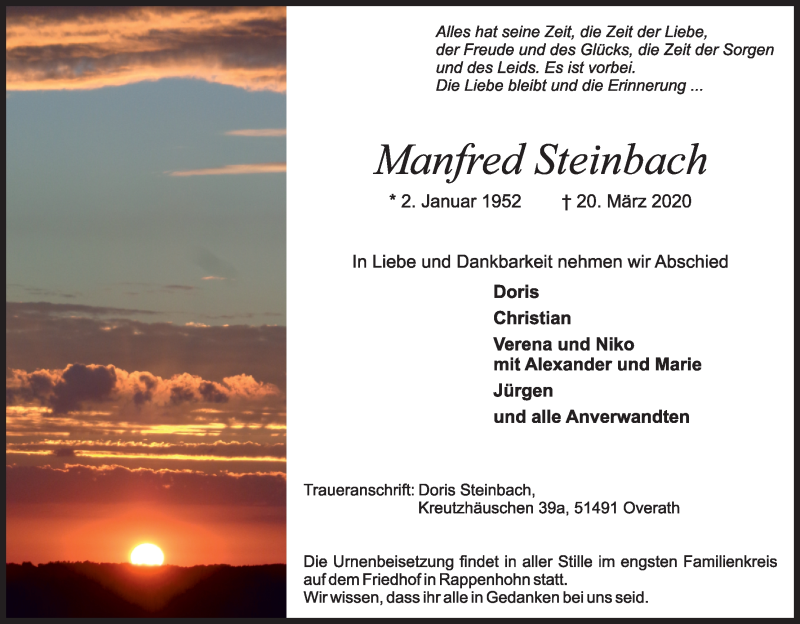  Traueranzeige für Manfred Steinbach vom 28.03.2020 aus Kölner Stadt-Anzeiger / Kölnische Rundschau / Express