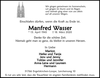 Anzeige von Manfred Wasser von Kölner Stadt-Anzeiger / Kölnische Rundschau / Express