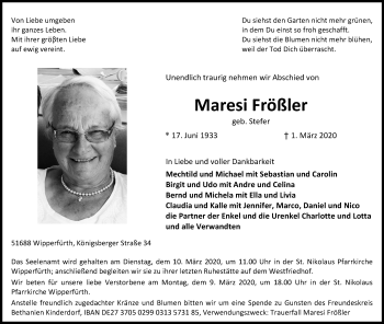 Anzeige von Maresi Frößler von Kölner Stadt-Anzeiger / Kölnische Rundschau / Express