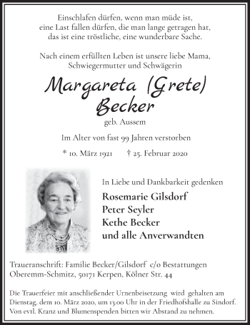 Anzeige von Margareta Becker von  Sonntags-Post 