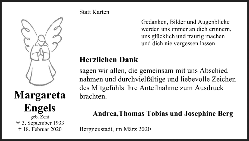  Traueranzeige für Margareta Engels vom 21.03.2020 aus Kölner Stadt-Anzeiger / Kölnische Rundschau / Express