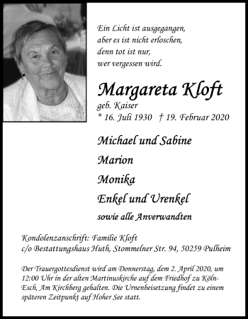 Anzeige von Margareta Kloft von Kölner Stadt-Anzeiger / Kölnische Rundschau / Express