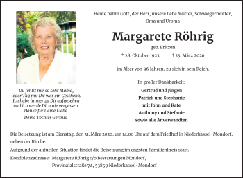 Anzeige von Margarete Röhrig von Kölner Stadt-Anzeiger / Kölnische Rundschau / Express
