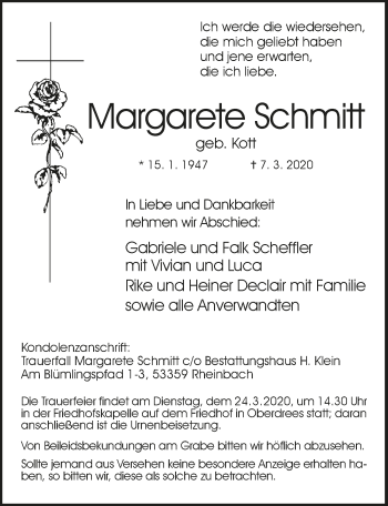 Anzeige von Margarete Schmitt von  Schaufenster/Blickpunkt 