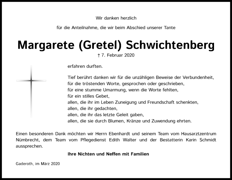  Traueranzeige für Margarete Schwichtenberg vom 21.03.2020 aus Kölner Stadt-Anzeiger / Kölnische Rundschau / Express