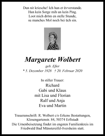 Anzeige von Margarete Wolbert von Zeitungsgruppe Köln
