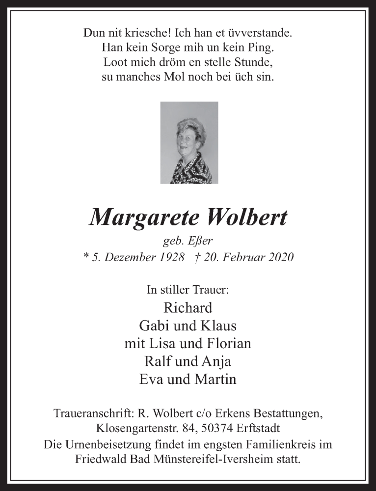  Traueranzeige für Margarete Wolbert vom 18.03.2020 aus  Wochenende  Werbepost 