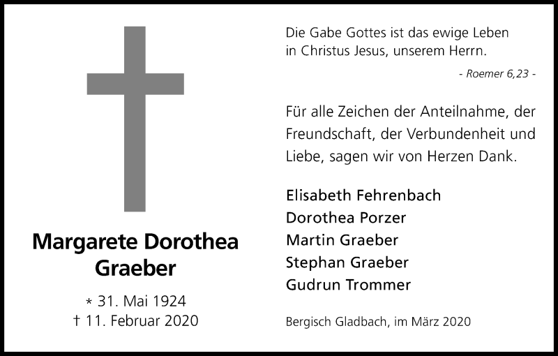  Traueranzeige für Margarete Dorothea Graeber vom 24.03.2020 aus Kölner Stadt-Anzeiger / Kölnische Rundschau / Express
