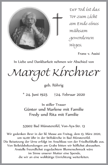 Anzeige von Margot Kirchner von  Blickpunkt Euskirchen 