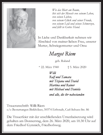 Anzeige von Margot Riem von  Werbepost 