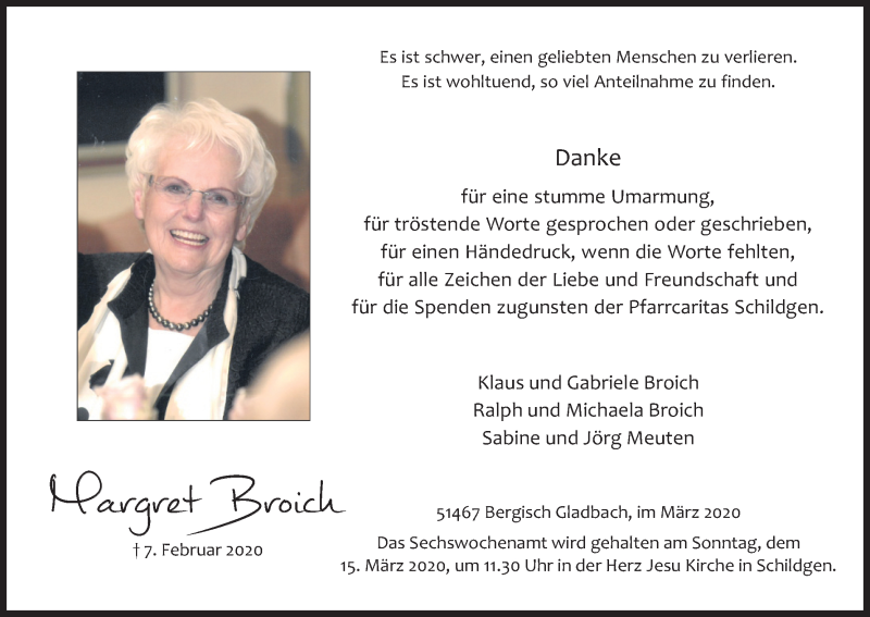  Traueranzeige für Margret Broich vom 14.03.2020 aus Zeitungsgruppe Köln