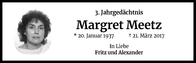  Traueranzeige für Margret Meetz vom 21.03.2020 aus Kölner Stadt-Anzeiger / Kölnische Rundschau / Express