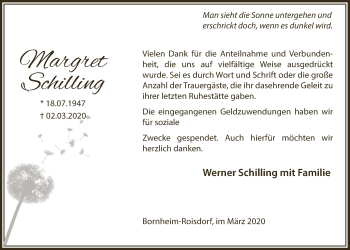 Anzeige von Margret Schilling von  Schaufenster/Blickpunkt 