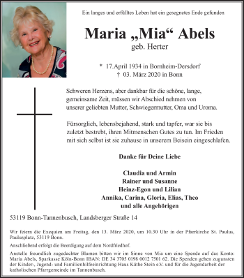 Anzeige von Maria Abels von Kölner Stadt-Anzeiger / Kölnische Rundschau / Express