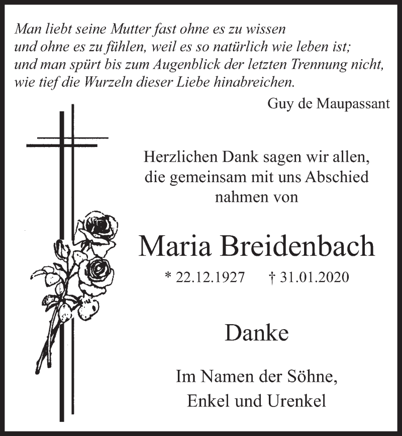  Traueranzeige für Maria Breidenbach vom 07.03.2020 aus  Sonntags-Post 