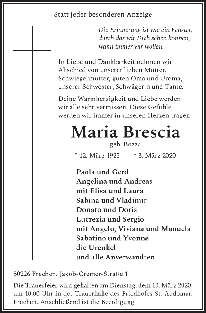  Traueranzeige für Maria Brescia vom 07.03.2020 aus  Sonntags-Post 