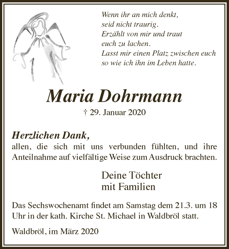  Traueranzeige für Maria Dohrmann vom 18.03.2020 aus  Lokalanzeiger 