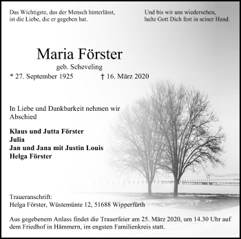 Anzeige von Maria Förster von Zeitungsgruppe Köln