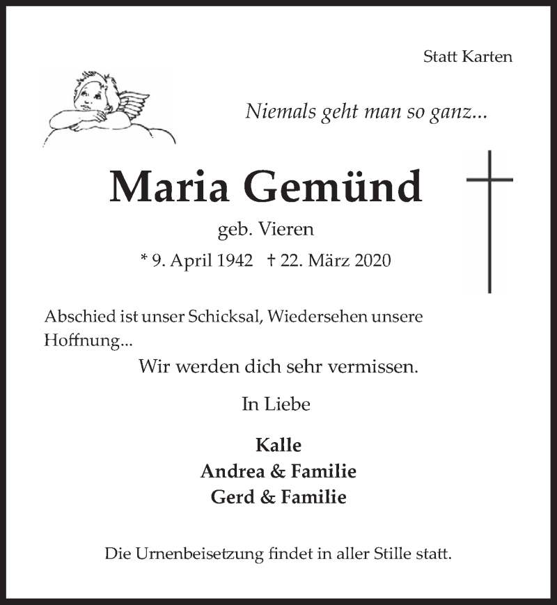  Traueranzeige für Maria Gemünd vom 27.03.2020 aus  Wochenende 