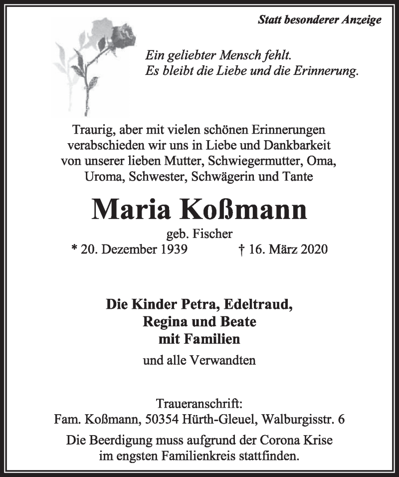  Traueranzeige für Maria Koßmann vom 21.03.2020 aus  Sonntags-Post 