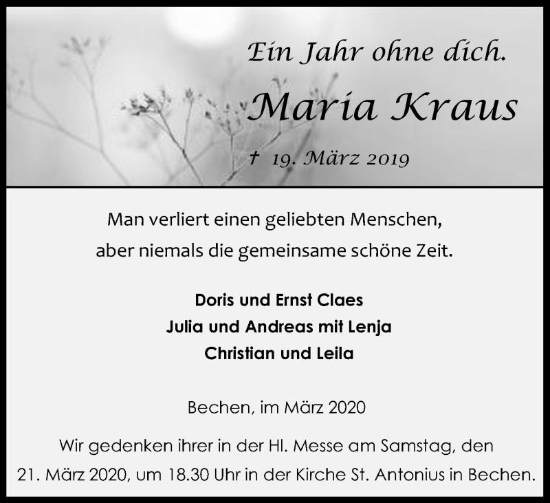  Traueranzeige für Maria Kraus vom 18.03.2020 aus Zeitungsgruppe Köln