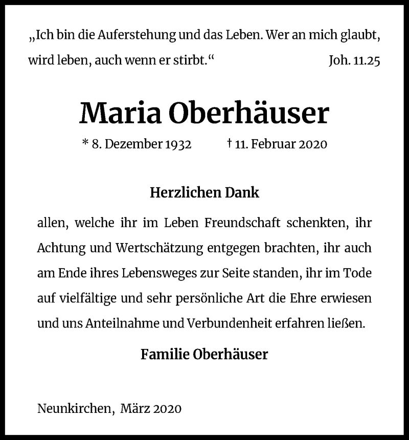  Traueranzeige für Maria Oberhäuser vom 14.03.2020 aus Zeitungsgruppe Köln