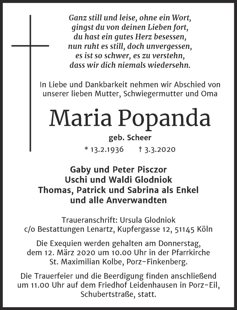  Traueranzeige für Maria Popanda vom 11.03.2020 aus  Kölner Wochenspiegel 