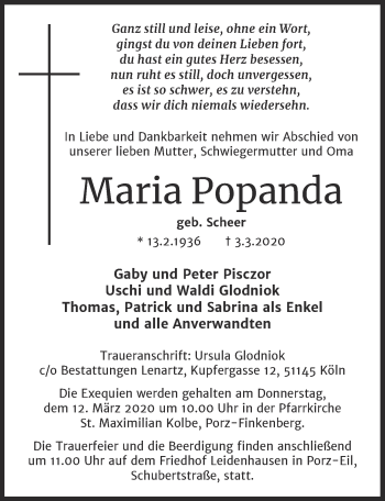 Anzeige von Maria Popanda von  Kölner Wochenspiegel 